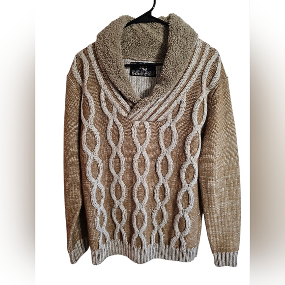 AO Amongst Others Men's Large Cable Knit Sherpa Lined Sweater Tan Shawl Collar - Picture 2 of 7